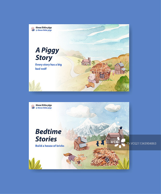 带有可爱三只小猪的Facebook模板图片素材