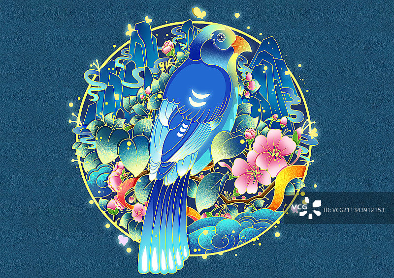 新中式国潮花鸟插画图片素材