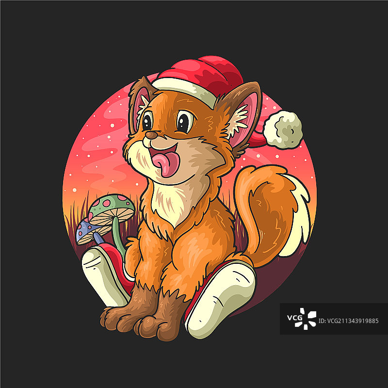 戴圣诞帽的快乐滑稽可爱狐狸插画图片素材