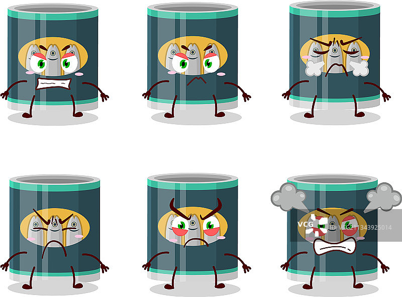带有各种愤怒表情的沙丁鱼罐头卡通图片素材