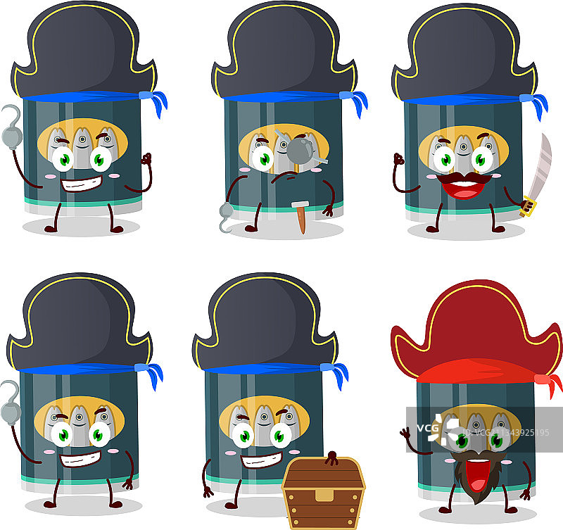 带有各种海盗表情符号的卡通沙丁鱼罐头图片素材