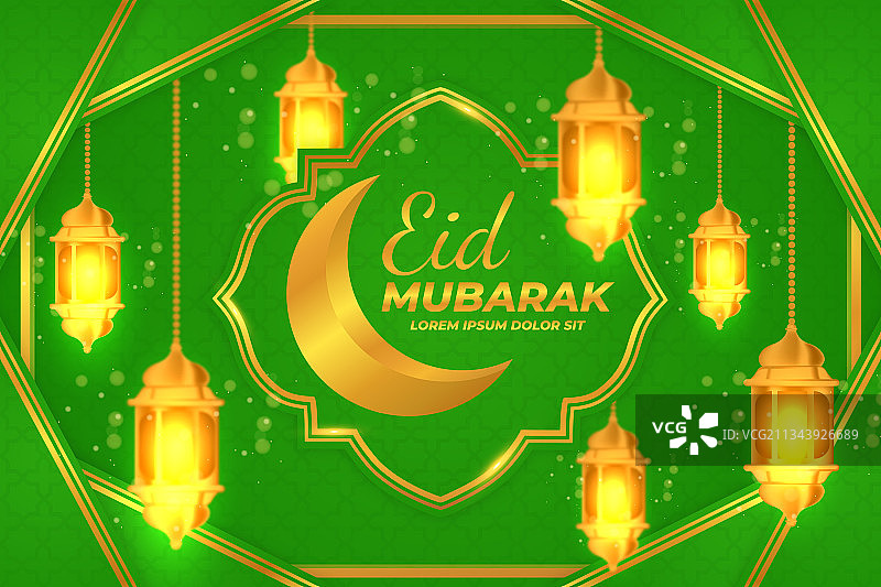 穆巴拉克月亮灯笼绿色金色伊斯兰图片素材