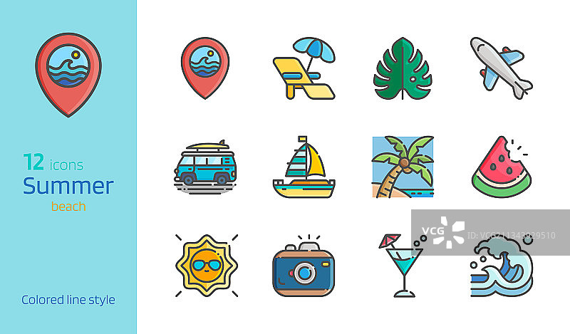 夏季海滩彩色线条图标集图片素材