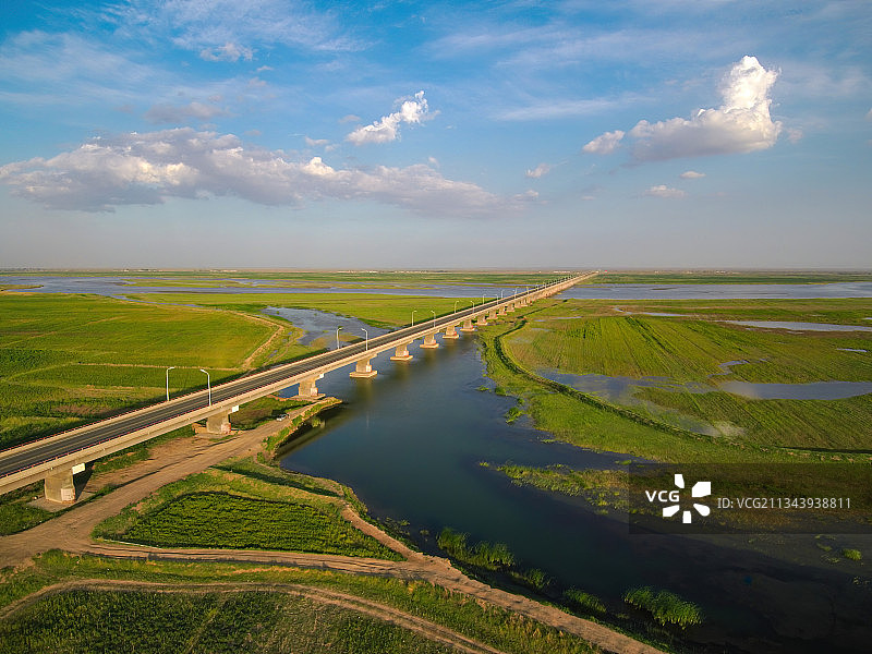 黄河大桥横跨绿色的农田与河面-航拍图片素材