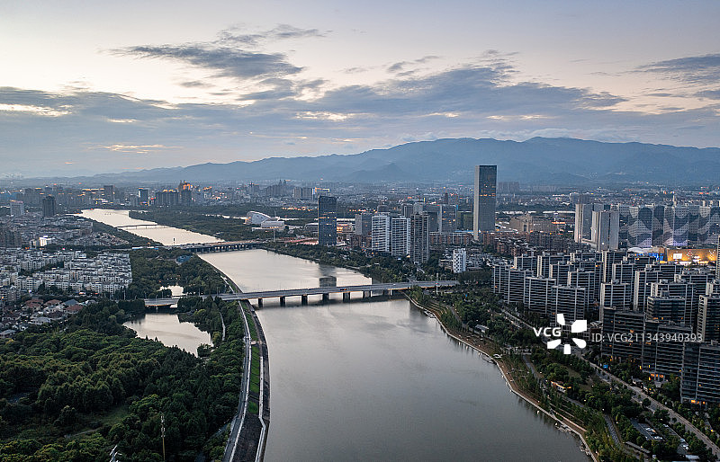 金华武义江与多湖CBD城市天际线航拍全景图片素材