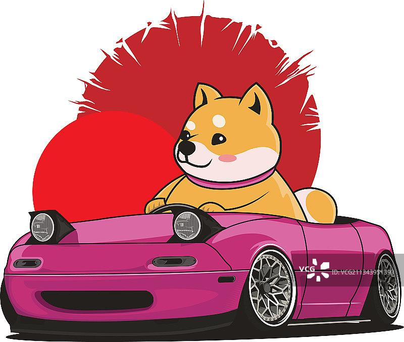 柴犬与粉色小汽车图片素材