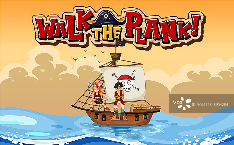 带有海盗卡通图案的木板路banner图片素材