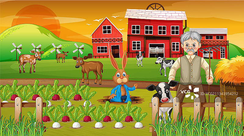 日落时分的农场与老农图片素材