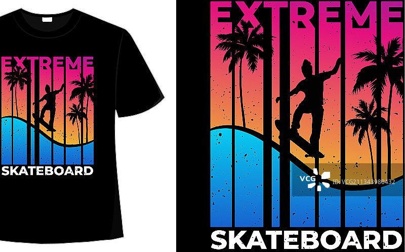 复古夏日落日极限滑板T恤图片素材