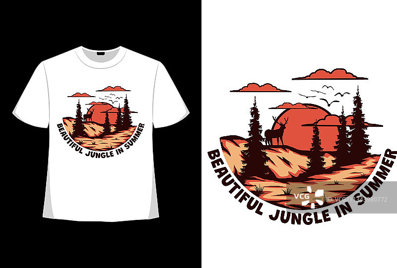 T恤：美丽丛林夏日鹿山手绘图案图片素材