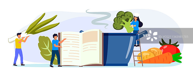 在平底锅食谱书中烹饪蔬菜汤图片素材