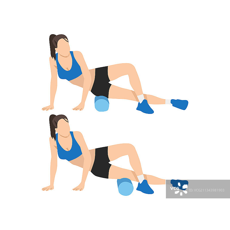 女人用泡沫轴拉伸大腿外侧图片素材