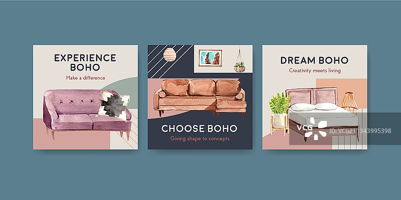 带有波西米亚家具概念的广告模板图片素材