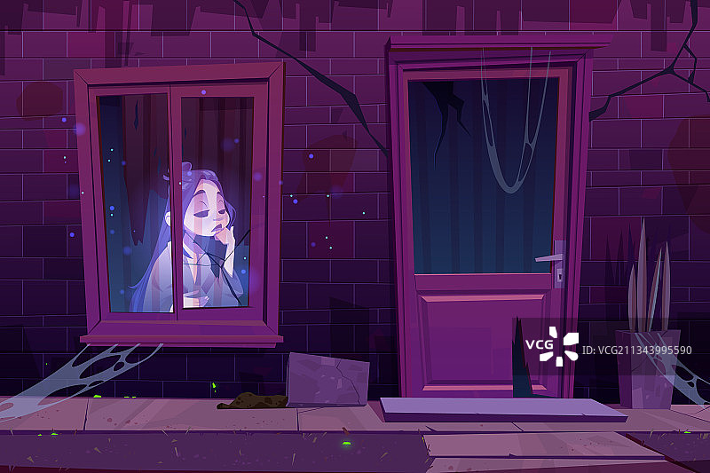 悲伤的鬼魂坐在窗后的幽灵鬼屋图片素材