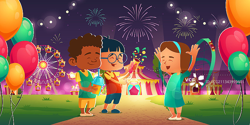 游乐园里有马戏团摩天轮的孩子们图片素材