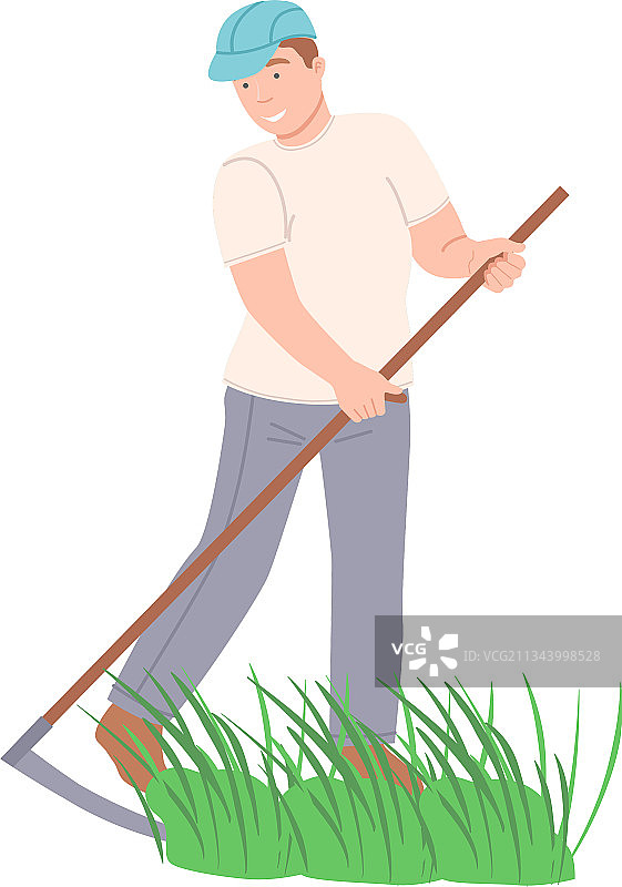 男性农民用镰刀割草图片素材