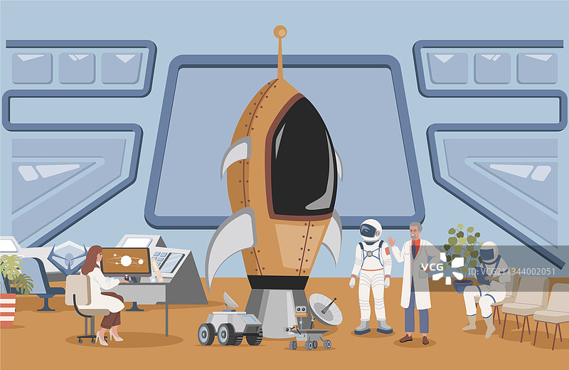 带有宇航员的火箭发射中心扁平插画图片素材