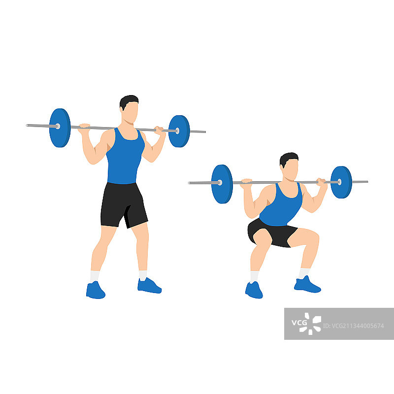 男人做杠铃深蹲扁平风格图片素材