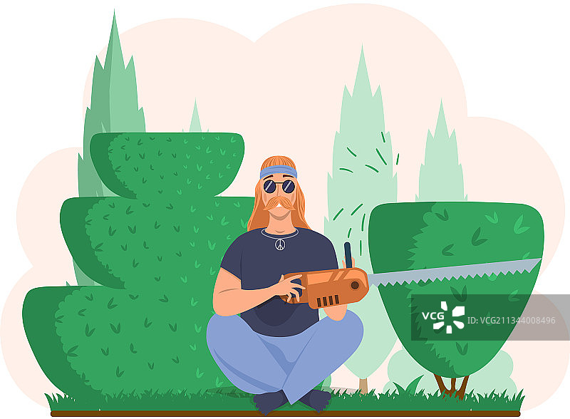 男人拿着电锯，以瑜伽姿势坐在图片素材