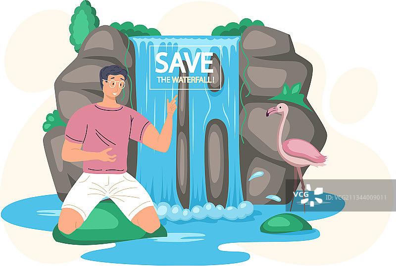 保护瀑布生态概念图：男子静坐图片素材
