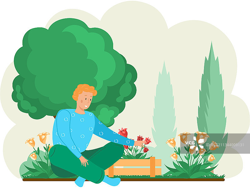 男人在后院花园里种植花卉图片素材