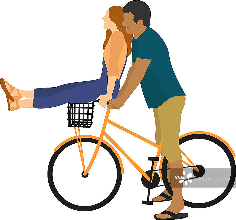 年轻情侣骑自行车在透明背景上图片素材