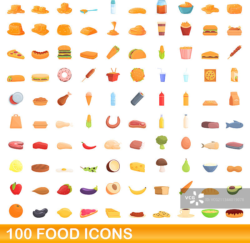 100个食物图标集，卡通风格图片素材