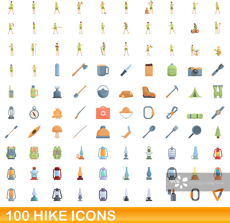 100个徒步旅行图标，卡通风格图片素材