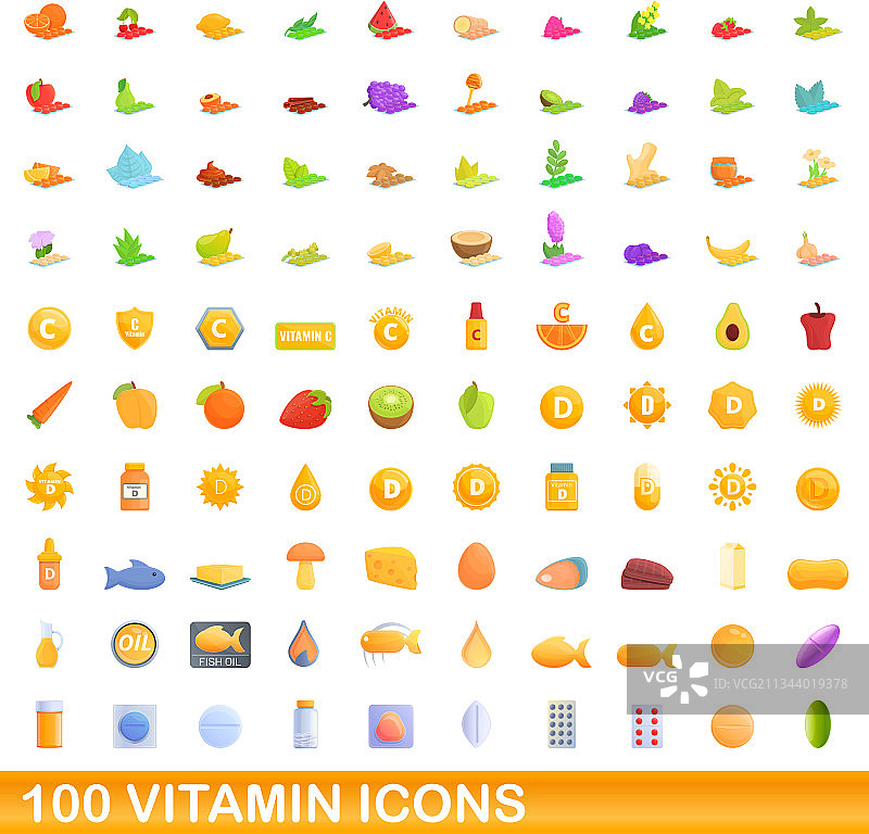 卡通风格100个维生素图标集图片素材