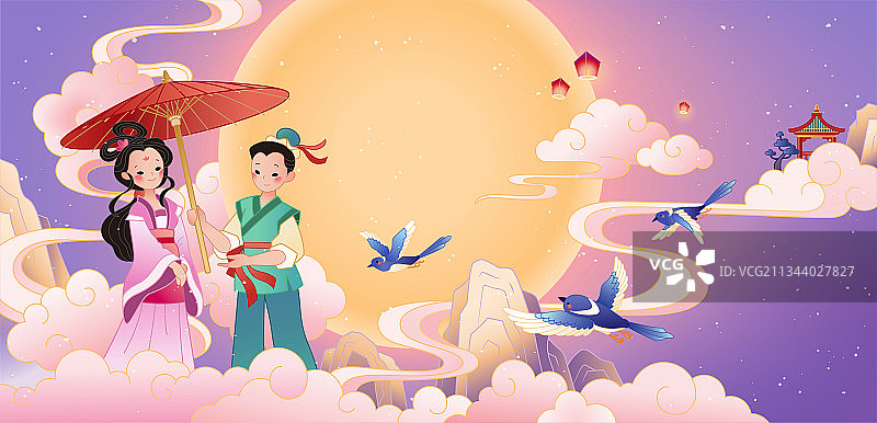 中国浪漫七夕插图 云端上相见的牛郎与织女图片素材