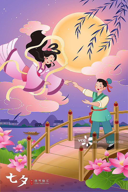 中国浪漫七夕插图 桥上相会的牛郎与织女图片素材