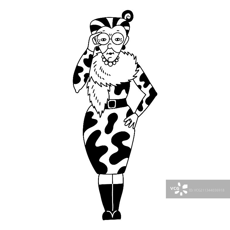 穿着连衣裙和皮草的老年时尚女性图片素材