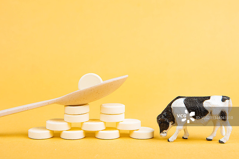 微缩景观创意奶牛站在钙片奶片旁边图片素材