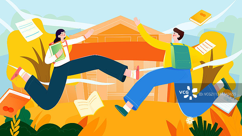 开学季学生抱着书在校门口跳跃矢量插画横图图片素材