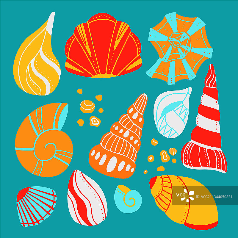卡通贝壳、沙子和涂鸦合集图片素材