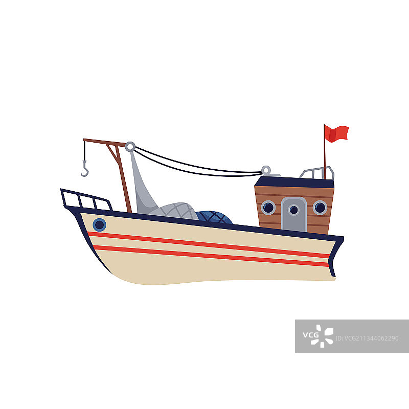 带有渔网起重机的渔船或拖网渔船扁平设计图片素材
