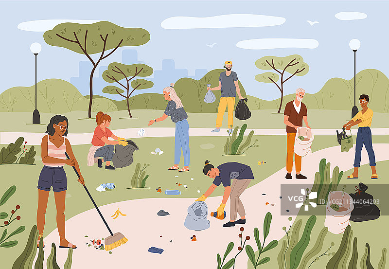 城市公园里清理垃圾的群众图片素材