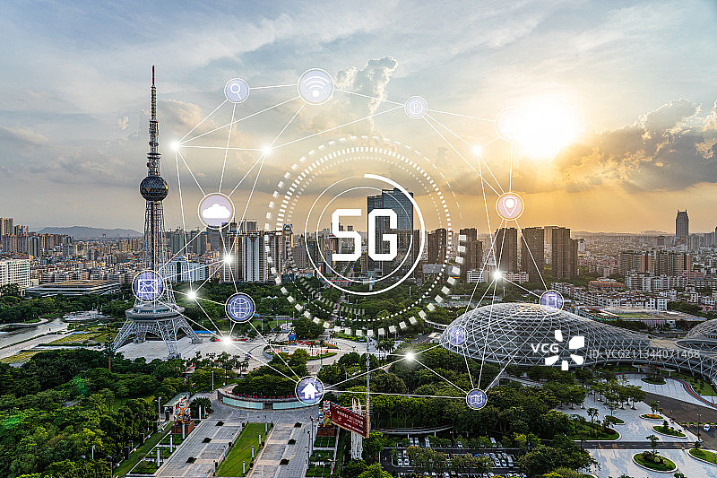 佛山城市风光和5G智慧城市大数据通信概念图片素材