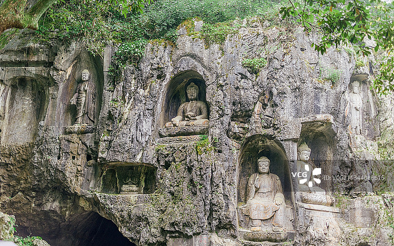 杭州灵隐寺飞来峰佛教石窟造像佛像图片素材