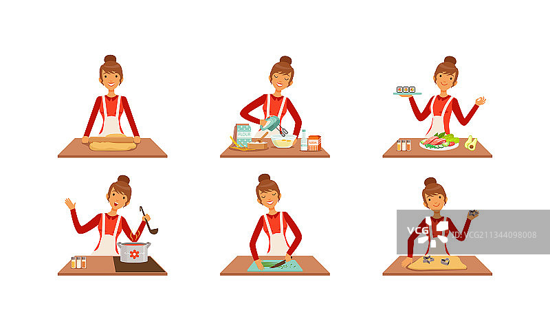 年轻女人在厨房餐桌上烹饪烘焙图片素材