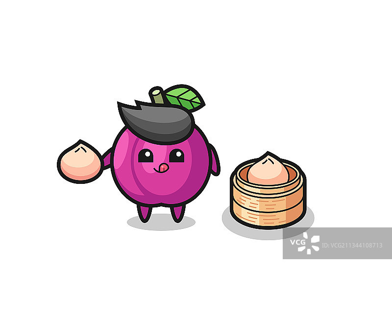 可爱的李子水果角色吃馒头图片素材