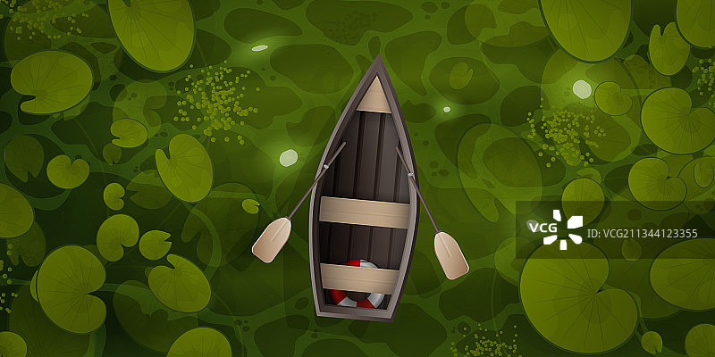 木船漂浮在有水的沼泽中图片素材