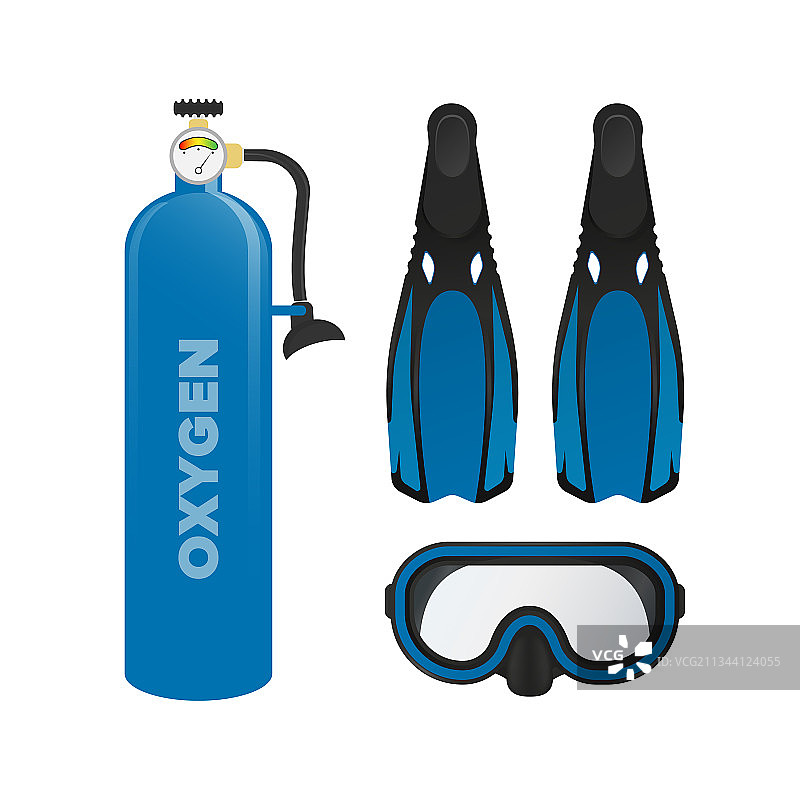 游泳用面罩、脚蹼和氧气罐套装图片素材