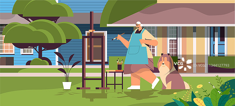 带狗老年女性艺术家画画图片素材