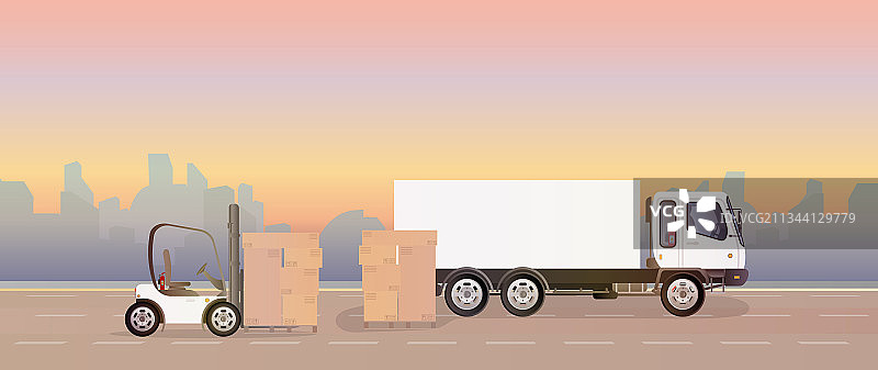 一辆卡车和装满纸箱的托盘图片素材