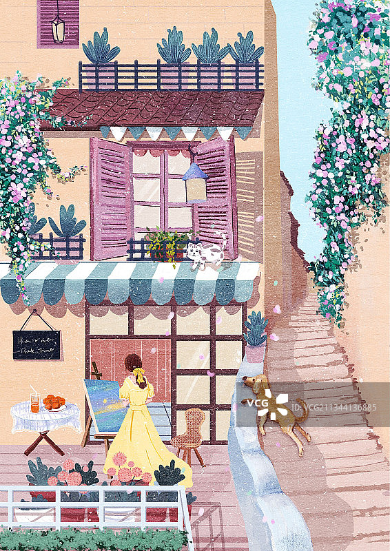 室外场景插画——画画的少女图片素材