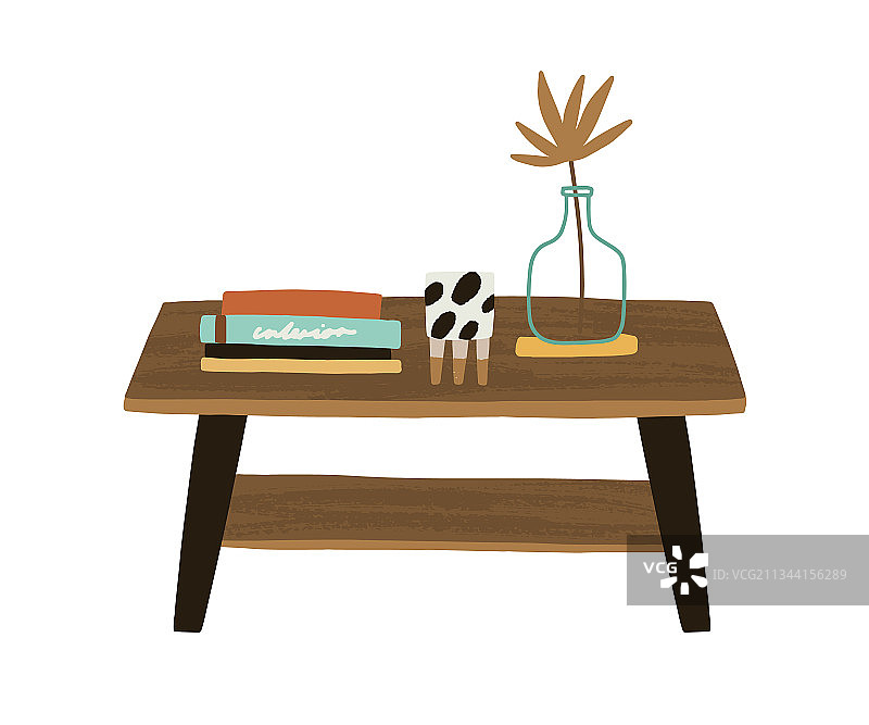 木质长方形咖啡桌与花瓶书籍图片素材