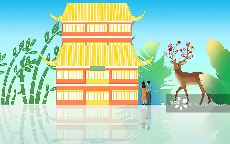 扁平风中国传统历史建筑古风亭台楼阁旅游公园老房子背景插画图片素材