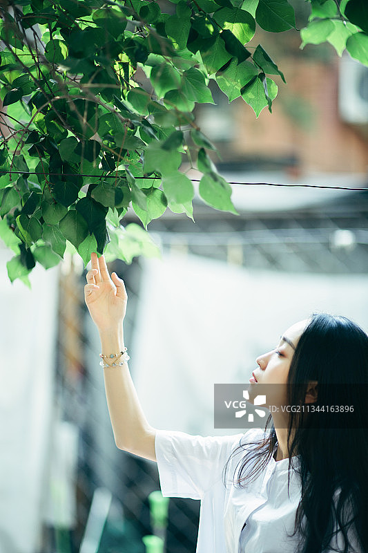 东方美女在树下感受大自然图片素材