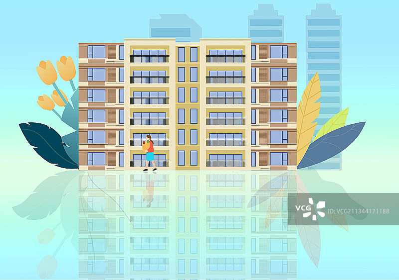 扁平风城市小区生活方式购物回家休闲娱乐轻松生活背景插画图片素材